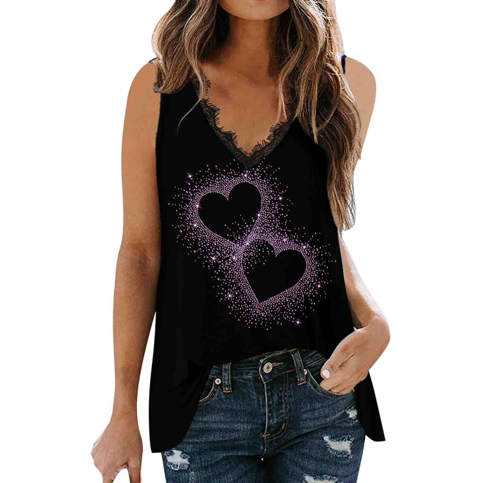 Women's Summer Sleeveless V-Neck Lace Tank Top with Heart Print & Stripes - Casual Sleeveless Blouse for Beach, Party & Everyday Wear | Dartphew Store