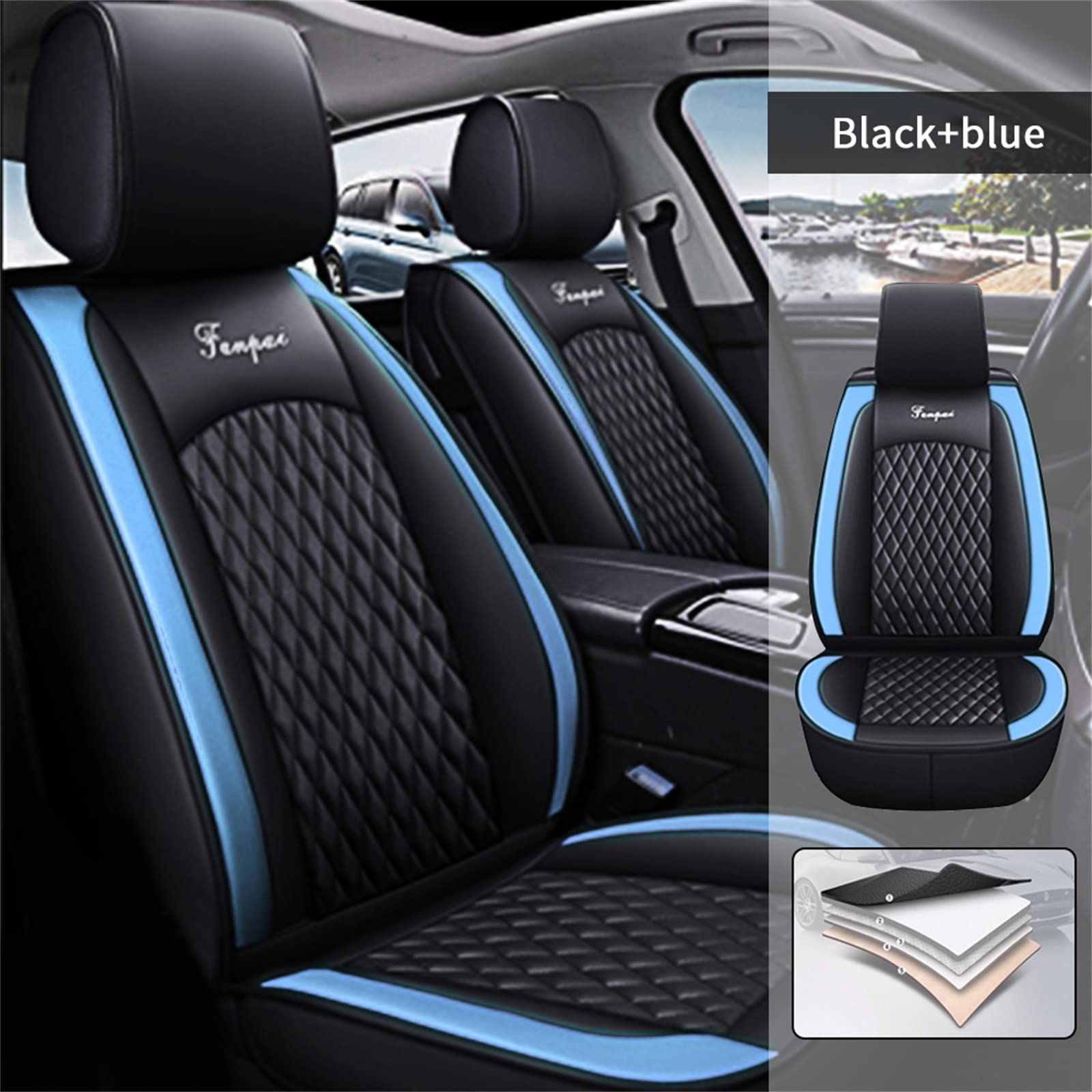 2016 Chevrolet Malibu Limited Waterproof Leather Car Seat Cover Full Set - Front & Rear Seat Protectors (Black & Blue, CT08) | Perfect for Daily Commuting, Road Trips & Pet Protection | Fast US Shipping