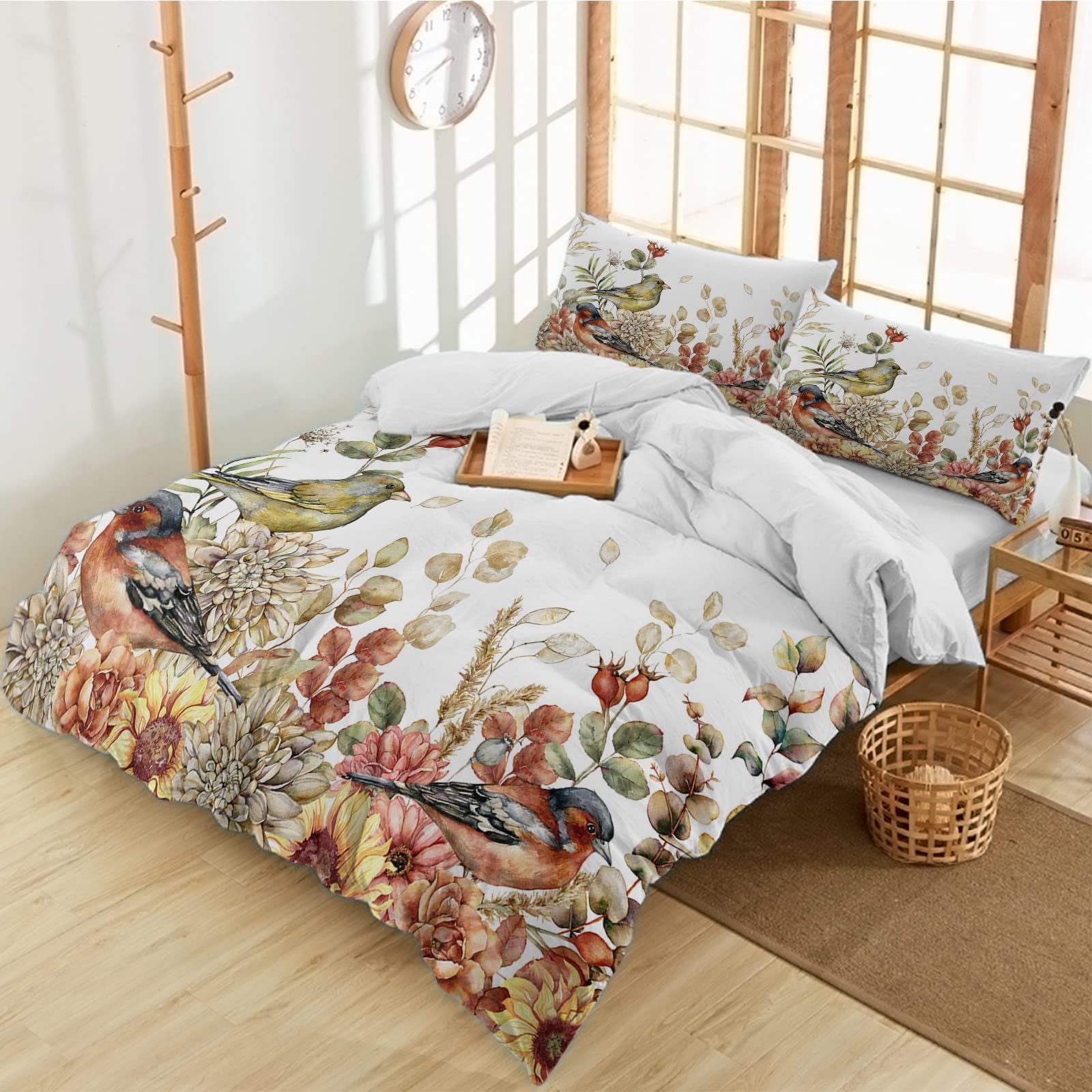 Vintage Floral Twin Duvet Cover Set - 3 Piece Watercolor Blooming Flowers & Birds Printed Comforter Cover with 2 Pillow Shams | Soft Luxury Bedding for Girls Bedroom Decor | Perfect for Guest Rooms, Dormitories & Cozy Cottage Style Homes