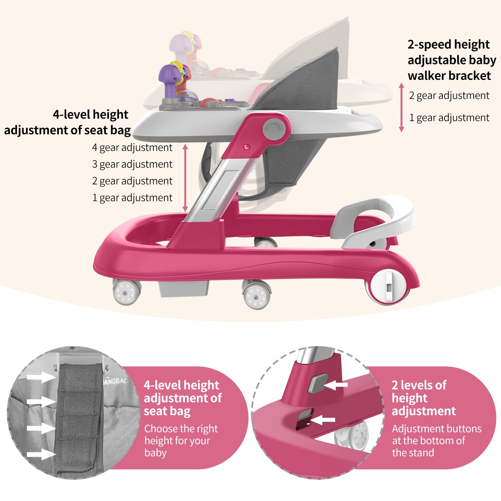 2-in-1 Baby Walker with Wheels | Adjustable Height & Speed Learning Activity Walker | Foldable Infant Walker with Removable Play Tray & Footrest | Walk-Behind & Seated Modes for Boys & Girls 6-18 Months | Perfect for Early Walking Practice & Playtime Development