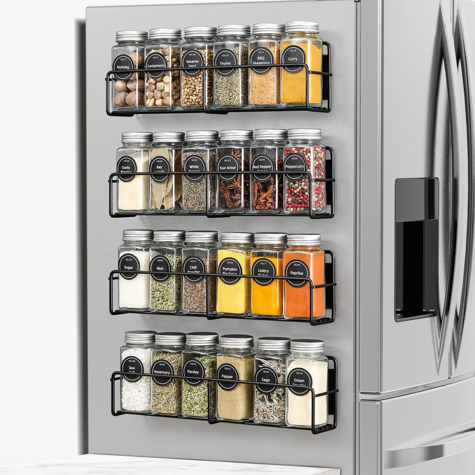VITEVER 4-Pack Magnetic Spice Rack with 24 Square Glass Jars & Lids - Pre-Printed Labels, Funnel Included - Space Saving Spice Organizer for Kitchen, Refrigerator & Microwave - Perfect for Cooking, Baking & Meal Prep