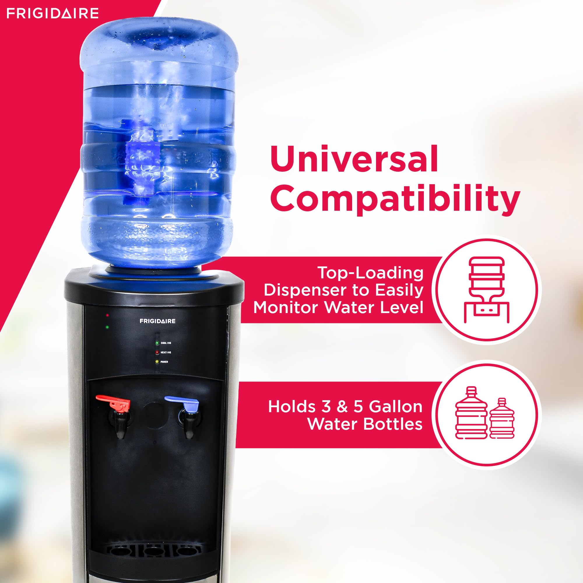 Frigidaire Top Load Water Cooler Dispenser - Hot & Cold Water for 3 & 5 Gallon Bottles, Stainless Steel - Perfect for Home, Office, Dorm, RV, Garage & Outdoor Use