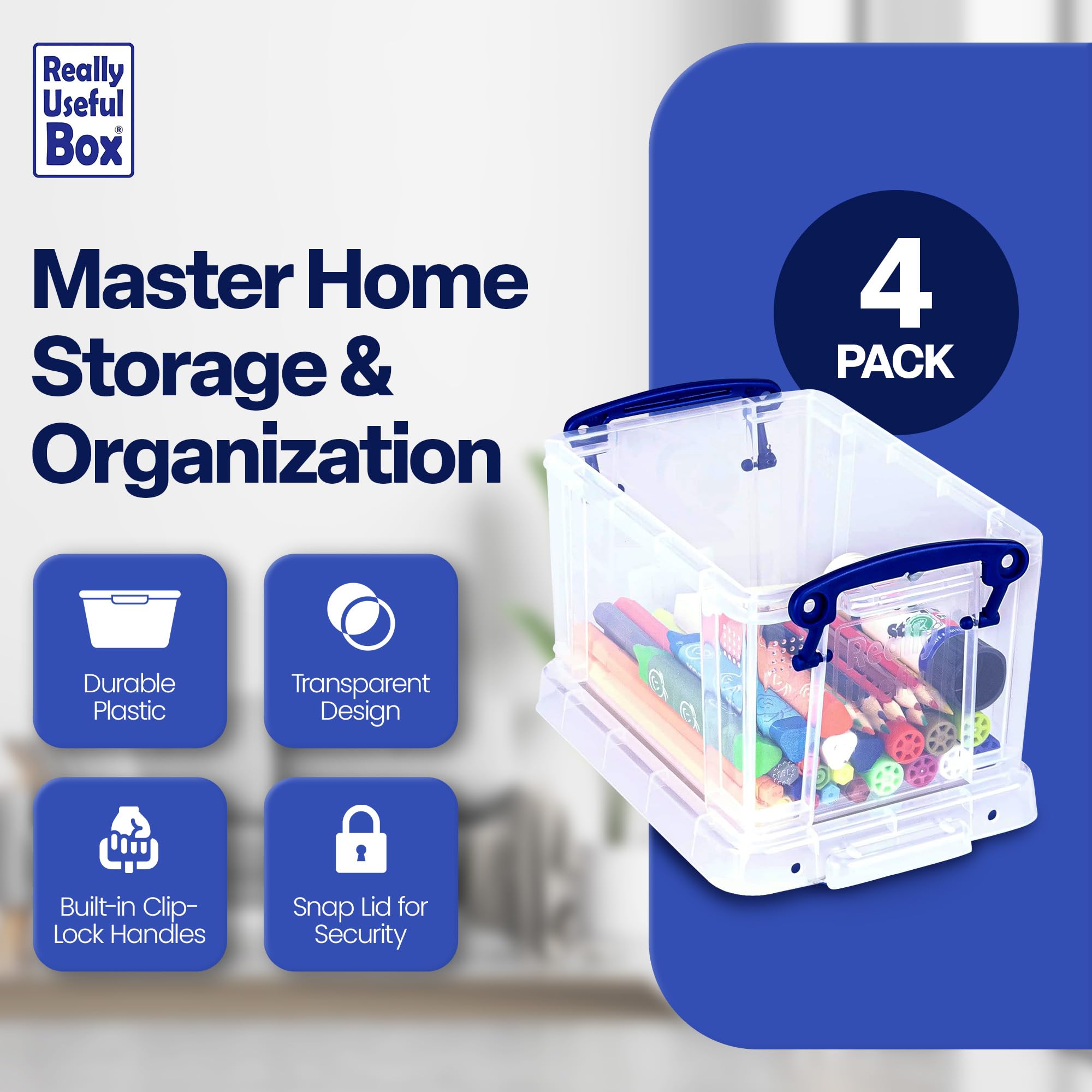 Really Useful 1.6L Stackable Plastic Storage Box with Snap Lid & Clip Lock Handles - 4 Pack for Home, Office, Kitchen, Craft Room & Garage Organization | Durable Organizer Bins for Supplies, Toys, Documents & More