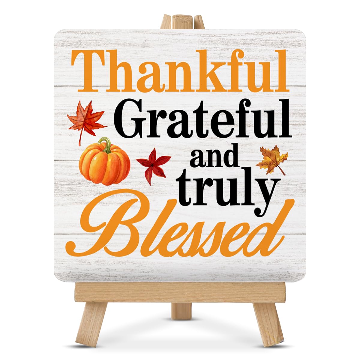 Thanksgiving Wood Sign - Thankful Grateful Blessed Home Decor with Easel Stand | Fall & Thanksgiving Table Decorations for Desk, Shelf, Tiered Tray | Perfect for Holiday Centerpieces, Mantel Decor & Seasonal Home Styling