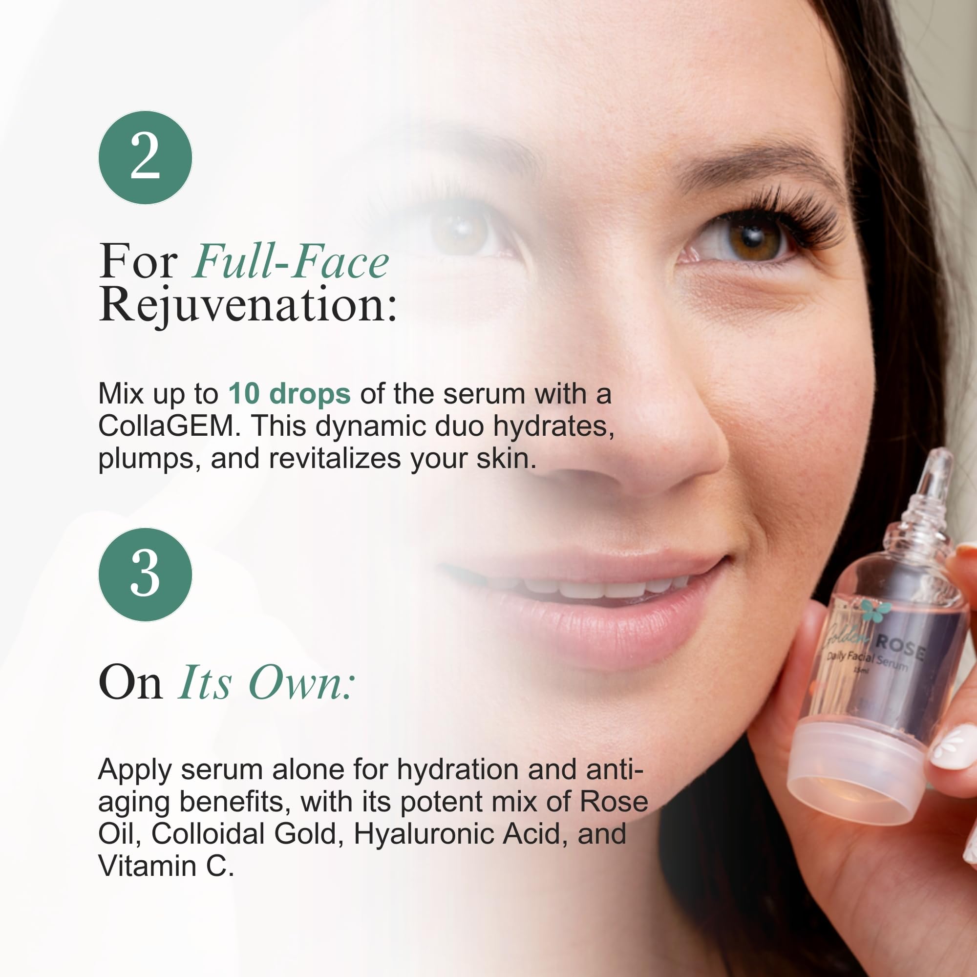 Golden ROSE Serum with CollaGEMS - Pure Rose Essential Oil Infused with Colloidal Gold, Hyaluronic Acid & Vitamin C + Collagen Balls - Anti-Aging Face Serum for Skin Firming, Brightening & Hydration | Daily Skincare Routine for Glowing Complexion