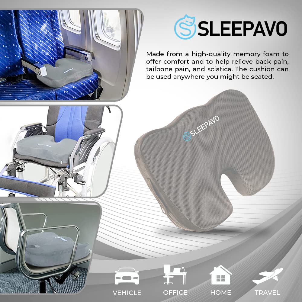Sleepavo Gray Memory Foam Seat Cushion with Cooling Gel - Orthopedic Office Chair Cushion for Sciatica, Coccyx & Lower Back Pain Relief - Ergonomic Lumbar Support Pillow for Desk, Car & Airplane Travel - Perfect for Work, Driving & Long Flights
