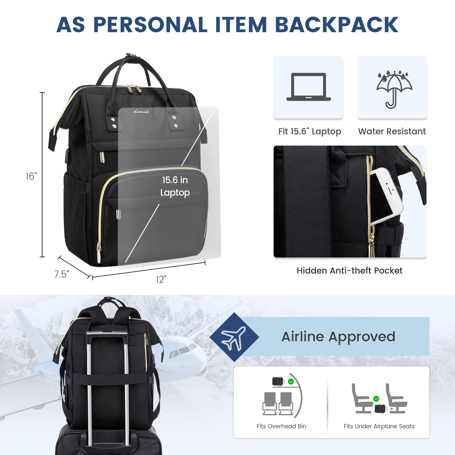LOVEVOOK 15.6 Inch Laptop Backpack for Women - Waterproof Anti-Theft Work Backpack with USB Charging Port - Perfect for College, Office, Travel & Commuting - Teacher Nurse Computer Bag in Black
