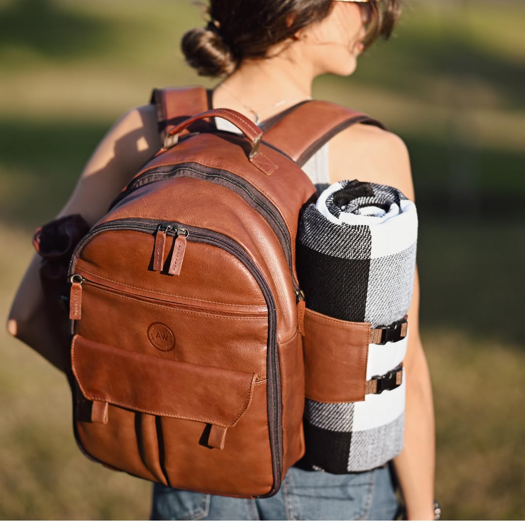 Premium Genuine Leather Picnic Backpack for 4 People - Insulated Cooler Compartment, Soft Blanket, 4 Dinner Plates & Cutlery Set - Luxury Outdoor Picnic Accessories for Couples, Family & Friends (Brown) - Perfect for Beach, Park, Camping & Romantic Dates