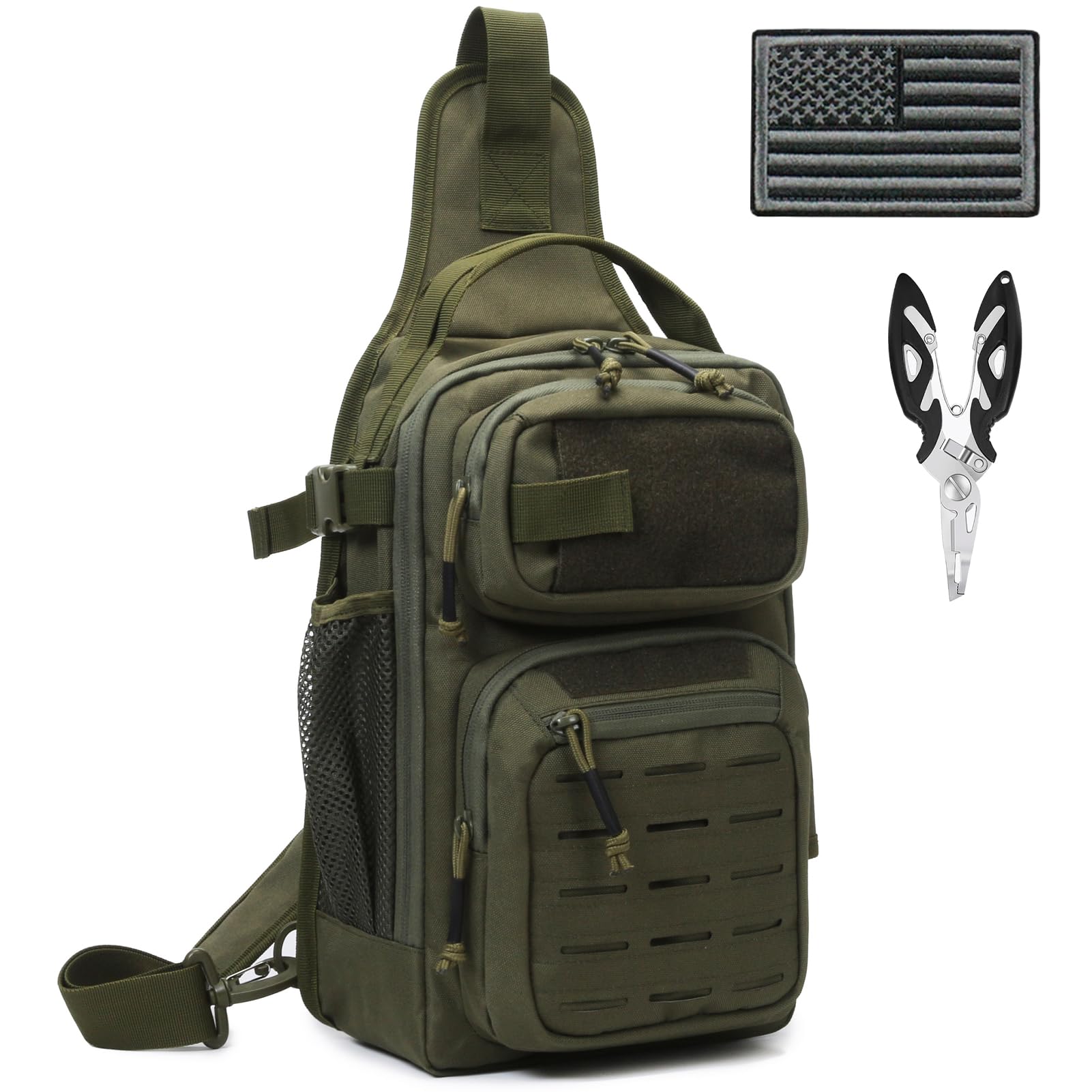 **Tactical Fishing Backpack 12L - Lightweight Sling Bag with Tackle Storage, US Flag Patch & Fishing Pliers - Durable Shoulder Tool Bag for Anglers (Green, 1 Pack) - Perfect for Outdoor Fishing, Camping & Hiking Adventures**