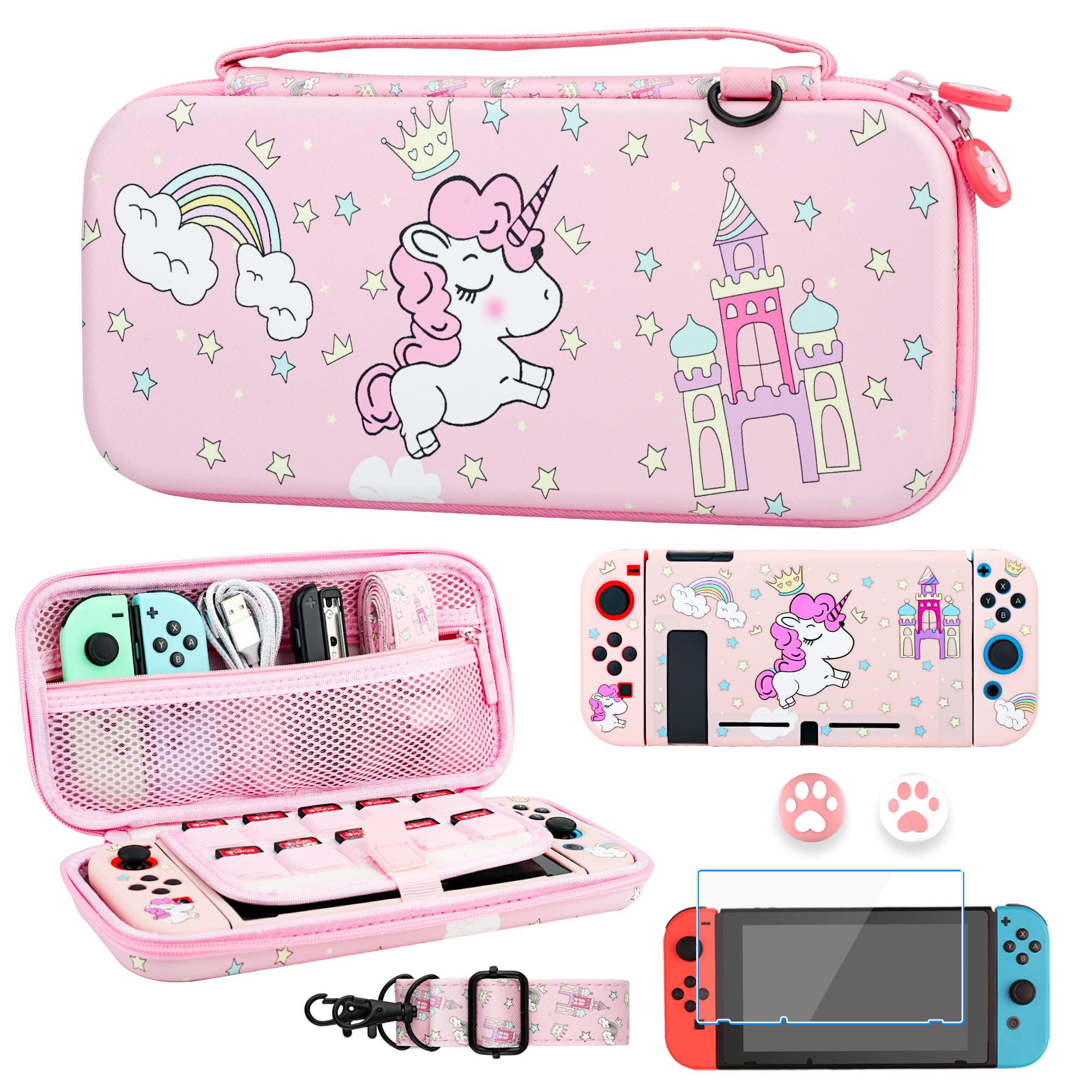 Unicorn Nintendo Switch Carrying Case for Girls - Pink Rainbow Travel Case with Soft TPU Protective Cover, HD Screen Protector, Thumb Grips & Shoulder Strap - Perfect for Gaming On-The-Go & Travel Accessories Storage