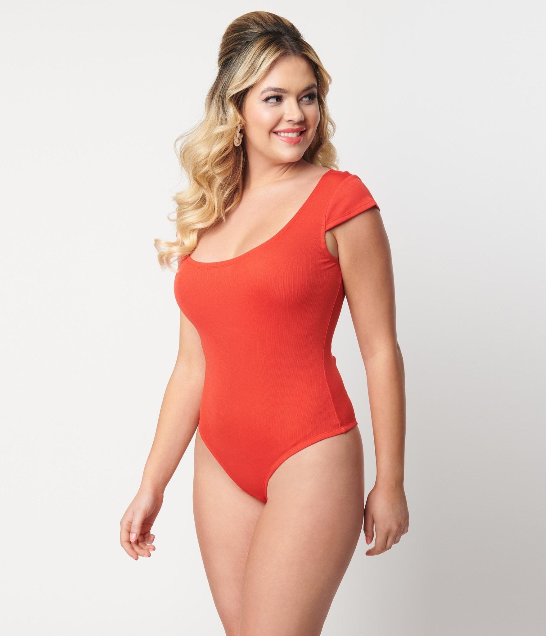 Vintage 1950s Red Scoop Neck Bodysuit - Retro Pinup Style One-Piece for Women | Perfect for Costume Parties, Themed Events & Vintage Fashion Lovers