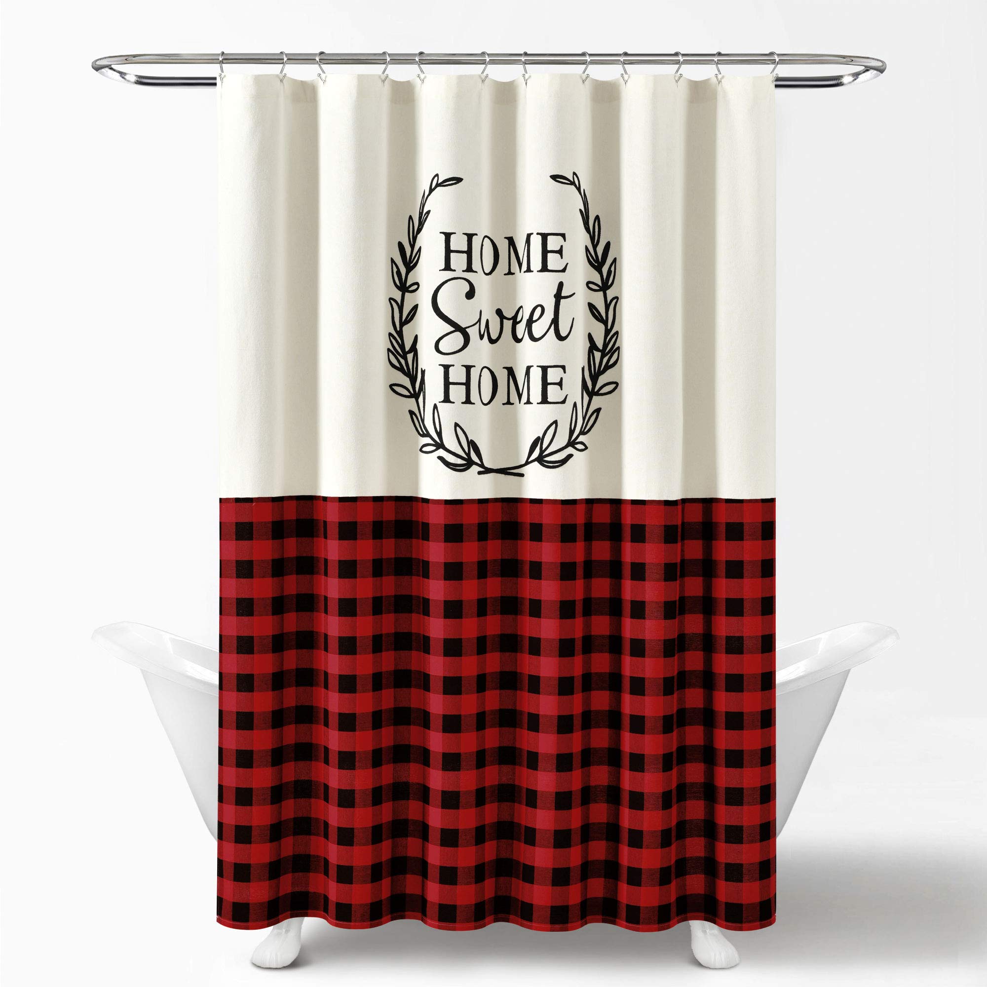 Lush Decor Red Buffalo Plaid Cotton Shower Curtain 72x72 Inches - Farmhouse Rustic Bathroom Decor with 