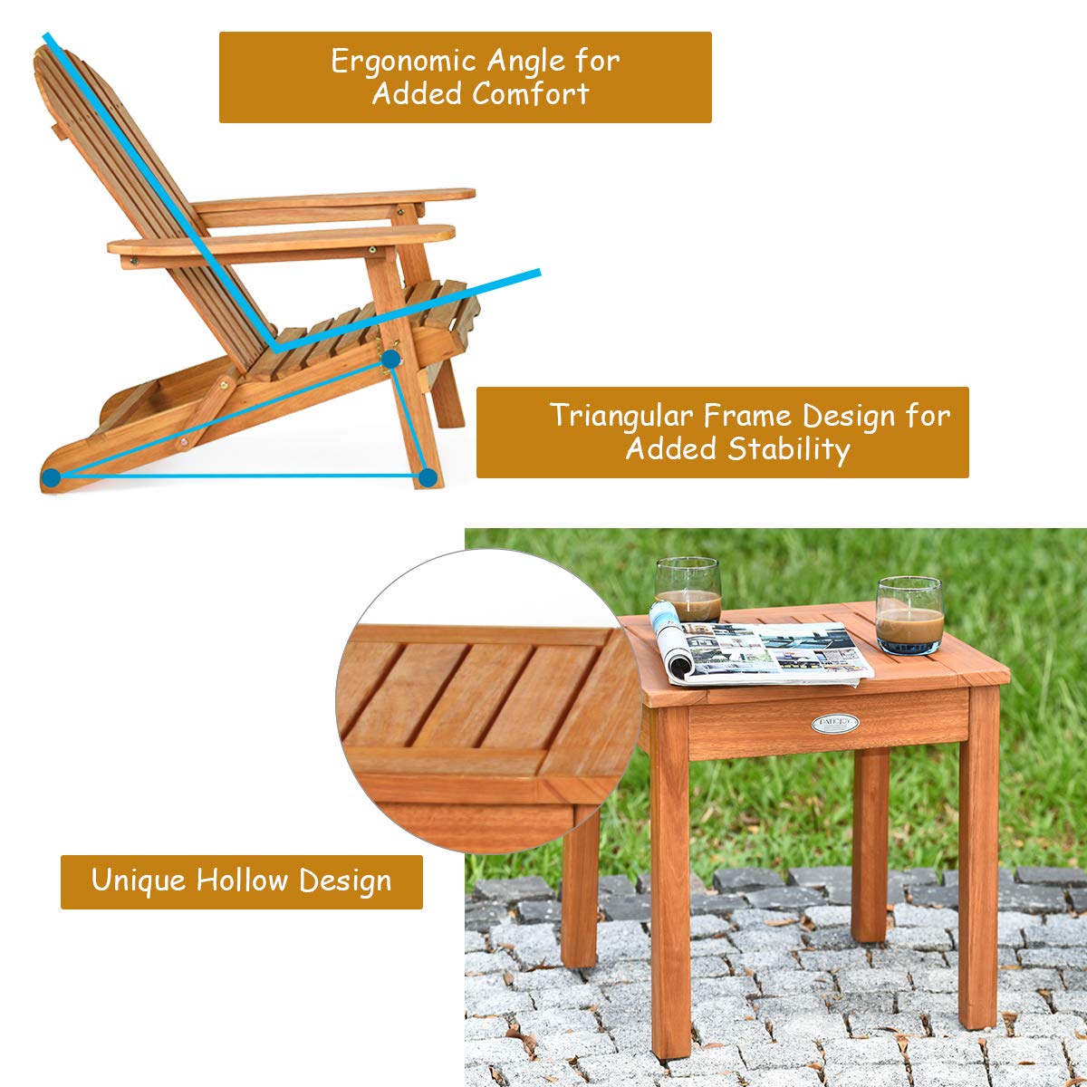 Giantex 3-Piece Foldable Adirondack Chair Set with Side Table - Wide Armrests, Sturdy Eucalyptus Wood Frame - Outdoor Patio, Poolside & Garden Lounge Furniture for Relaxing