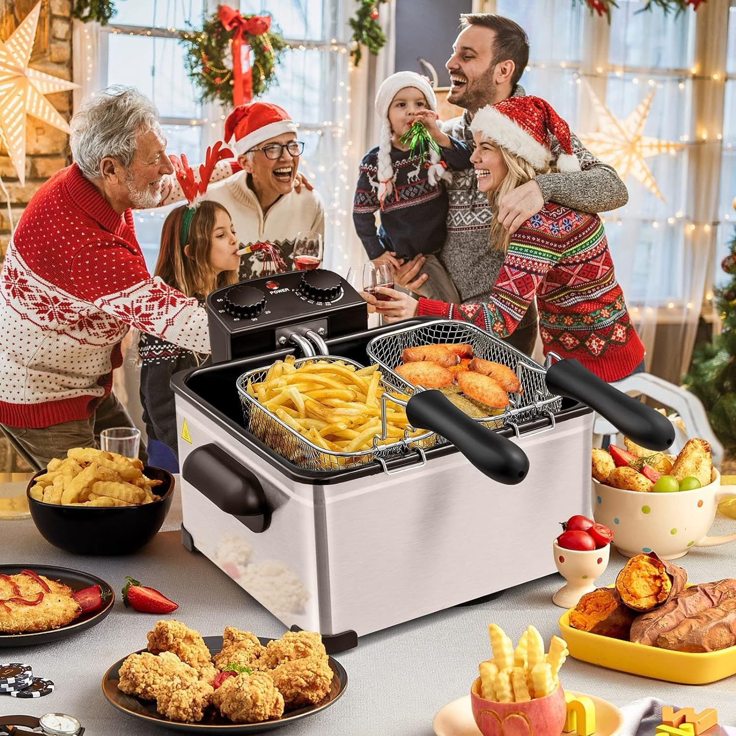 ARLIME 5.3 Qt/5L Electric Deep Fryer with 2 Baskets - Adjustable Temperature & Timer, Removable Oil Container & View Window Lid - Stainless Steel Home Kitchen Appliance for Frying Chicken, Fish, French Fries & Donuts - Perfect for Family Gatherings & Restaurant-Style Cooking