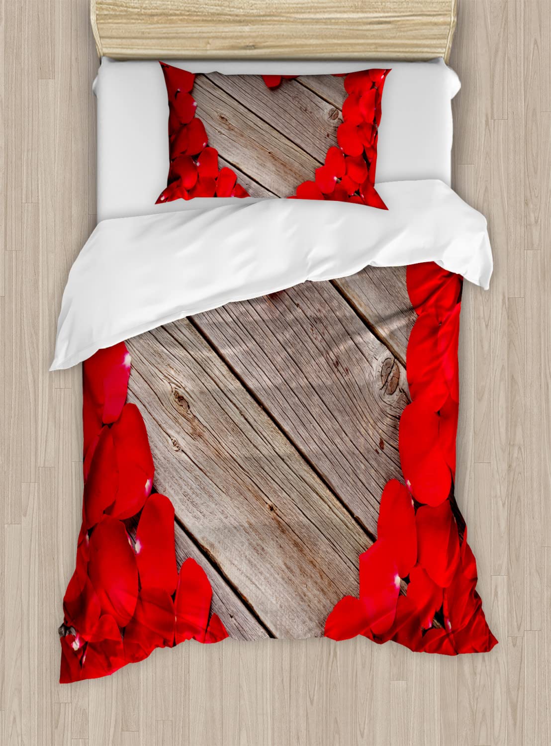 Ambesonne Rose Duvet Cover Set - Vibrant Red Rose Petals Heart Design on Wood Planks, Romantic Bedding Set with 2 Duvet Covers & 2 Pillowcases, Twin Size (2-Pack, Vermilion/Cocoa) - Perfect for Valentine's Day, Anniversary Gifts & Master Bedroom Decor