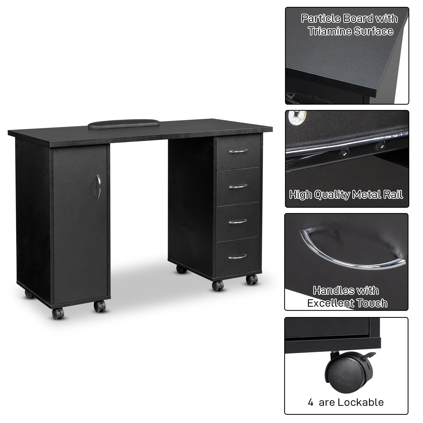 Goujxcy Professional Rolling Nail Table - Manicure Station with 4 Drawers, Large Storage Cabinet & Wrist Rest - Portable Beauty Salon Nail Art Desk Equipment (Black) - Perfect for Nail Technicians, Home Salons & Mobile Nail Services