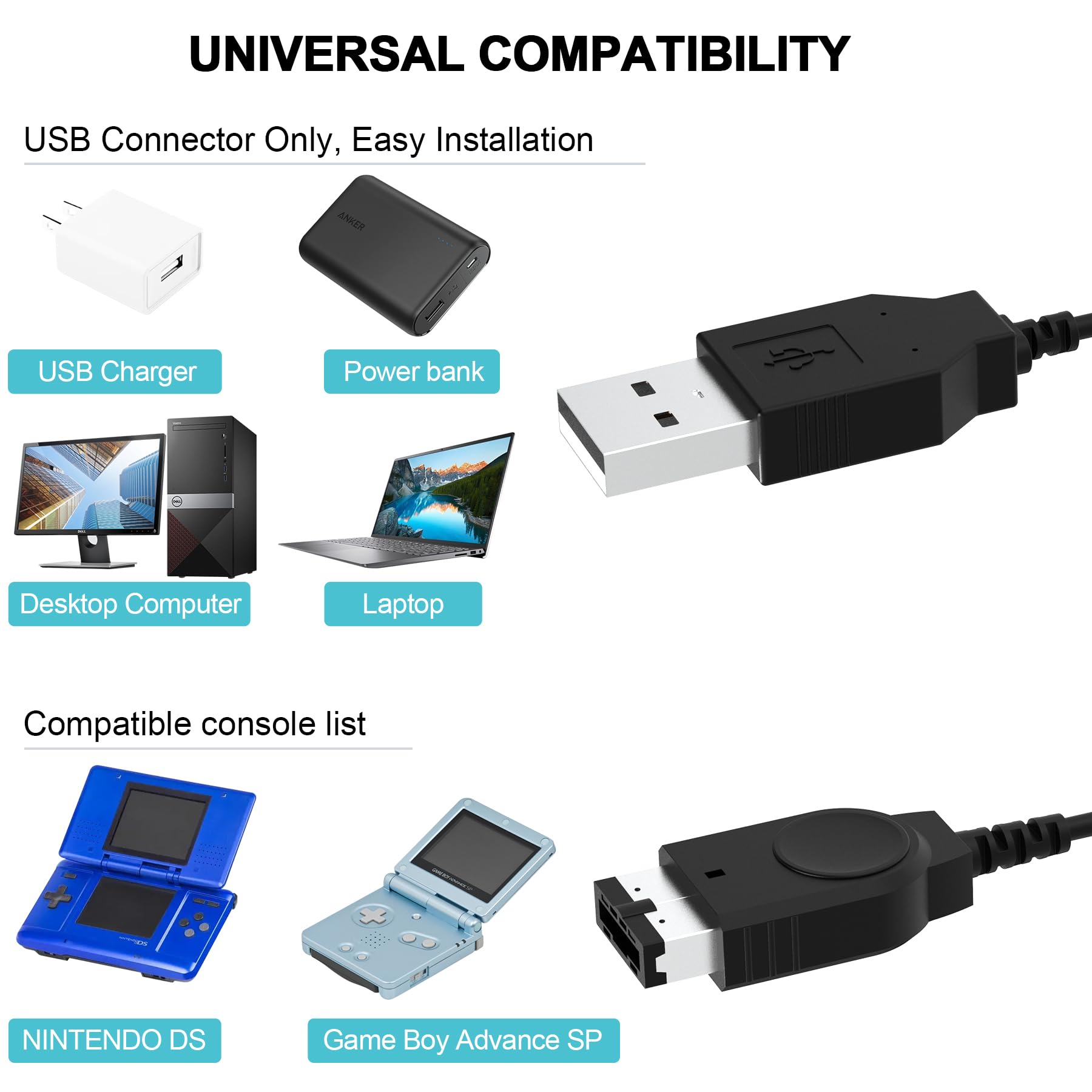 Original Nintendo DS & GBA SP USB Charger Cable - 3.9ft Long Black Replacement Power Cord for NDS/Gameboy Advance SP - Perfect for Gaming On-The-Go & Travel Accessories