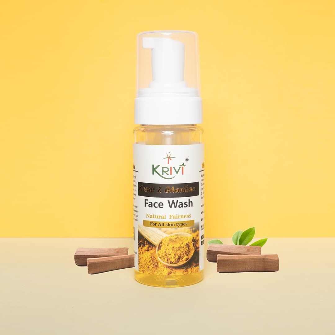 KRIVI Kesar & Chandan Face Wash with Saffron, Sandalwood Oil, Vitamin E, Tea Tree Oil & Vitamin B5 - Paraben Free 150ml for Natural Glow & Brightening | Daily Skincare for Oily, Dry & Combination Skin