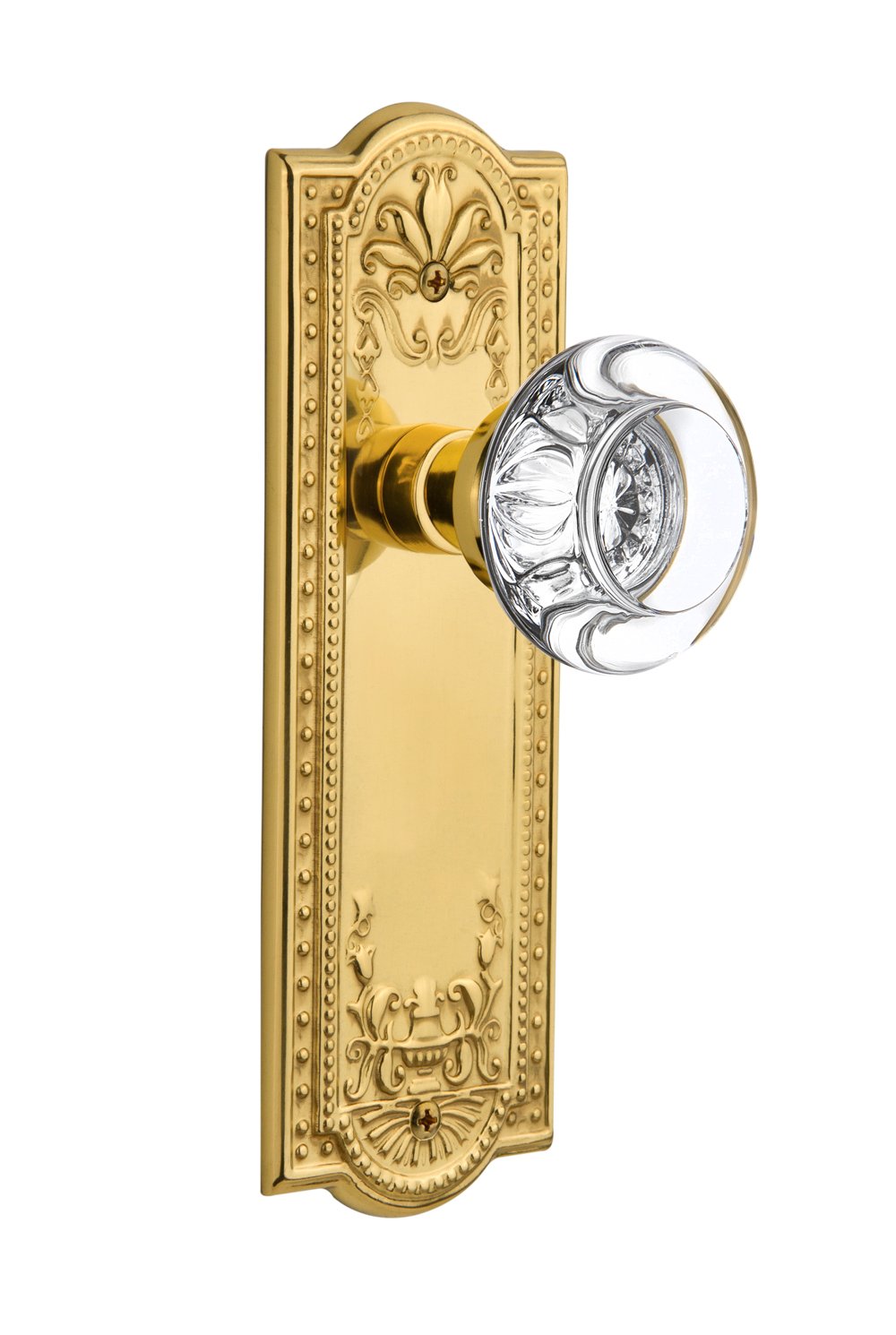 Nostalgic Warehouse Meadows Plate with Round Clear Crystal Glass Knob - Double Dummy Unlacquered Brass Cabinet Hardware (702785) - Perfect for Vintage Style Kitchen & Bathroom Renovations