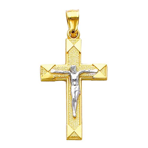 14K Two Tone Gold Jesus Cross Religious Charm Pendant with 1.5mm Flat Open Wheat Chain Necklace - Elegant Christian Jewelry Gift for Baptism, Confirmation & Daily Wear