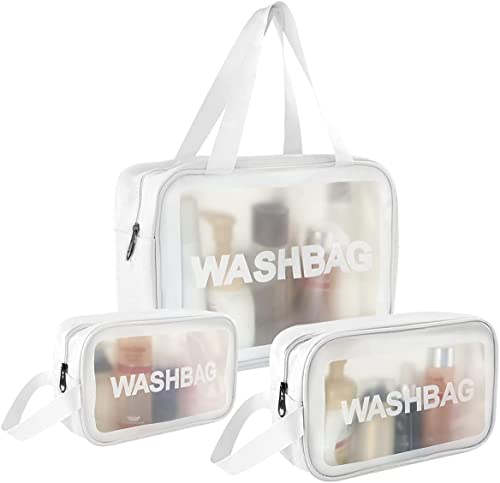 Clear PVC Waterproof Toiletry Bag Set of 3 - Zippered Cosmetic & Makeup Travel Organizer for Women & Men - Perfect for Gym, Travel, and Daily Essentials Storage (White)