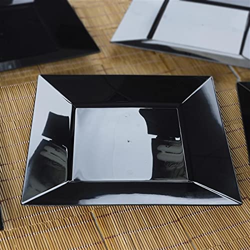 10 Inch Disposable Black Plastic Square Plates - 10 Pack Balsa Circle Plates for Parties, Picnics & Catering Events