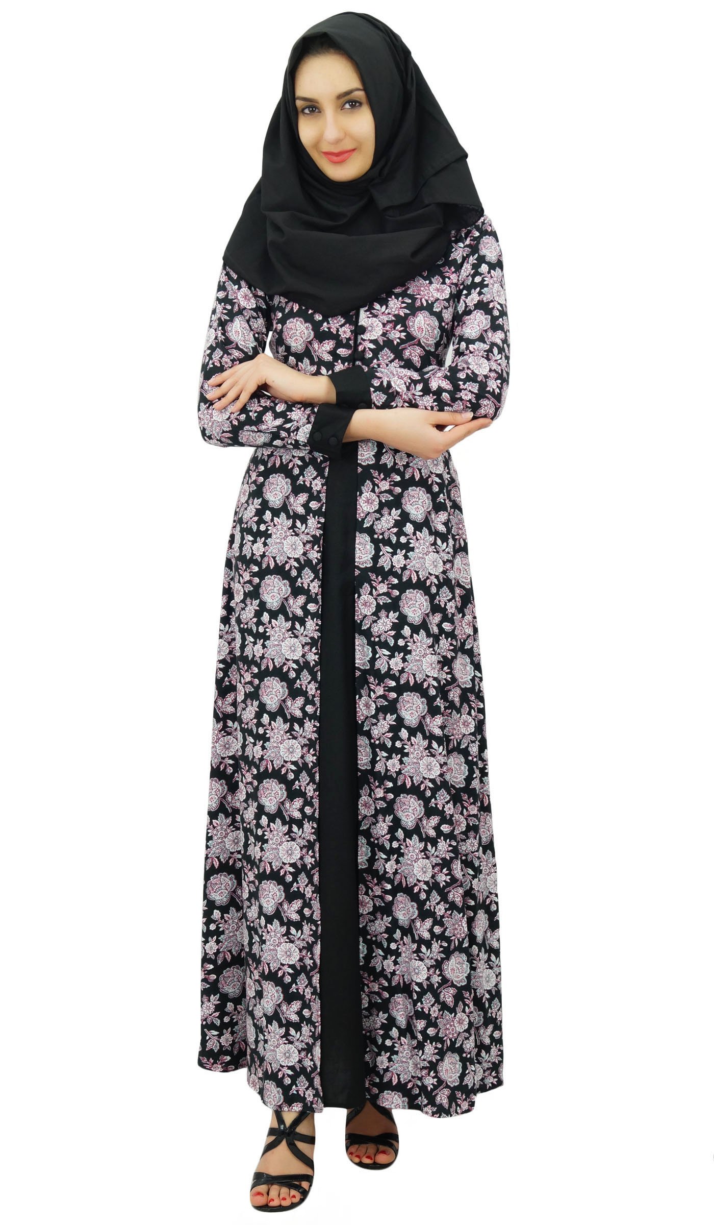 Bimba Women's Muslim Rayon Maxi Abaya Dress Floral Jilbab with Hijab - Modest Islamic Prayer Dress for Eid, Mosque & Special Occasions