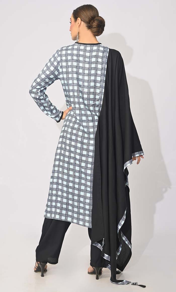 Bohemian Bliss: Stylish Checkered Printed 3-Piece Salwar Kameez Set with Dupatta & Tassel Details - Perfect for Festivals, Weddings & Special Occasions