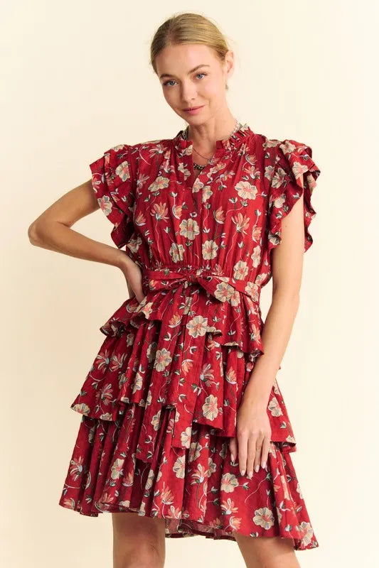 Red Floral Print Tie Waist Tiered Mini Dress for Women - Perfect for Summer Parties, Date Nights & Beach Vacations