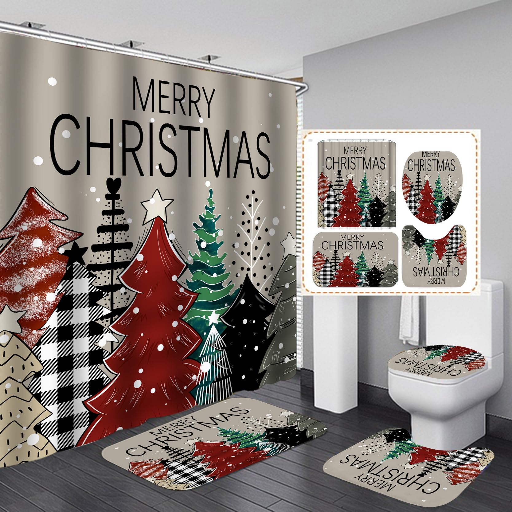 Waterproof Christmas Shower Curtain Set with Matching Bath Rugs - Holiday Xmas Tree & Snowflake Design Fabric Bathroom Decor for Festive Season | Perfect for Holiday Home Decor, Guest Bathrooms & Christmas Party Preparations