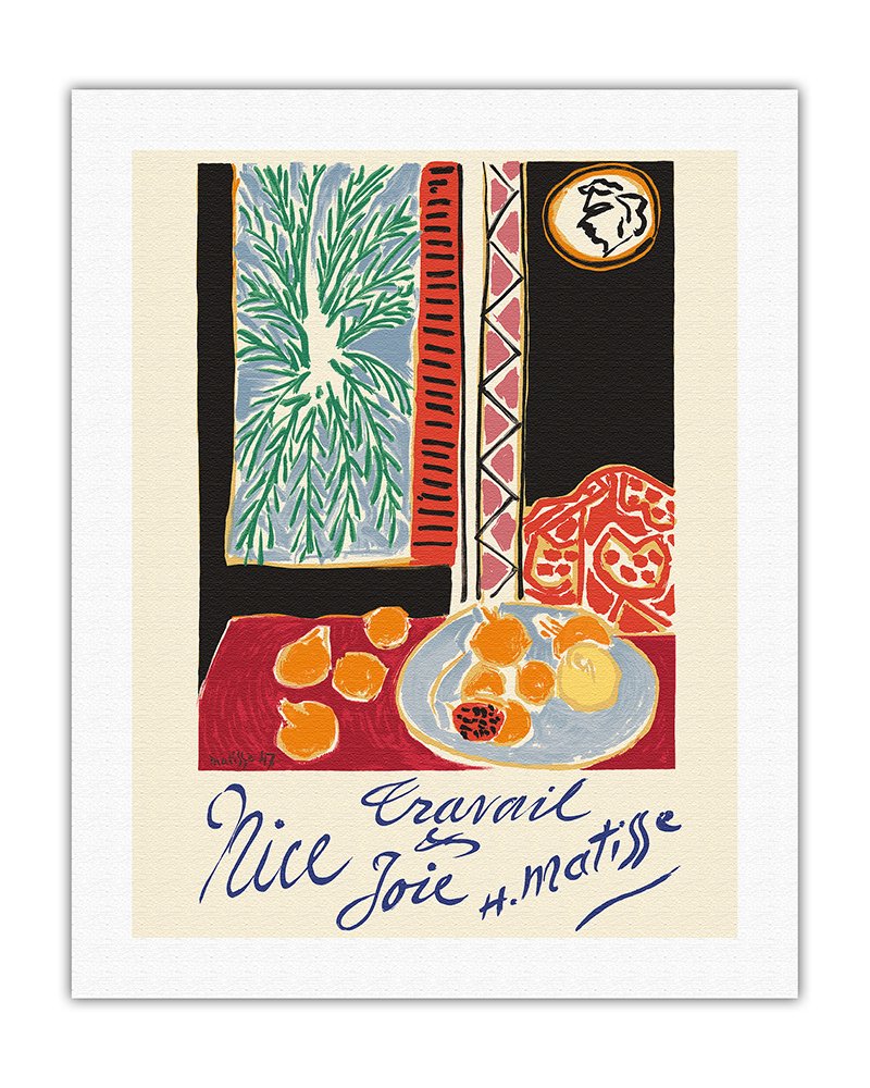 Henri Matisse Vintage Travel Poster - Nice France 'Travail et Joie' Still Life Pomegranates Art Print 1948 - 20x26 Inch Rolled Canvas - Home & Office Wall Decor, French Riviera Inspired Interior Design