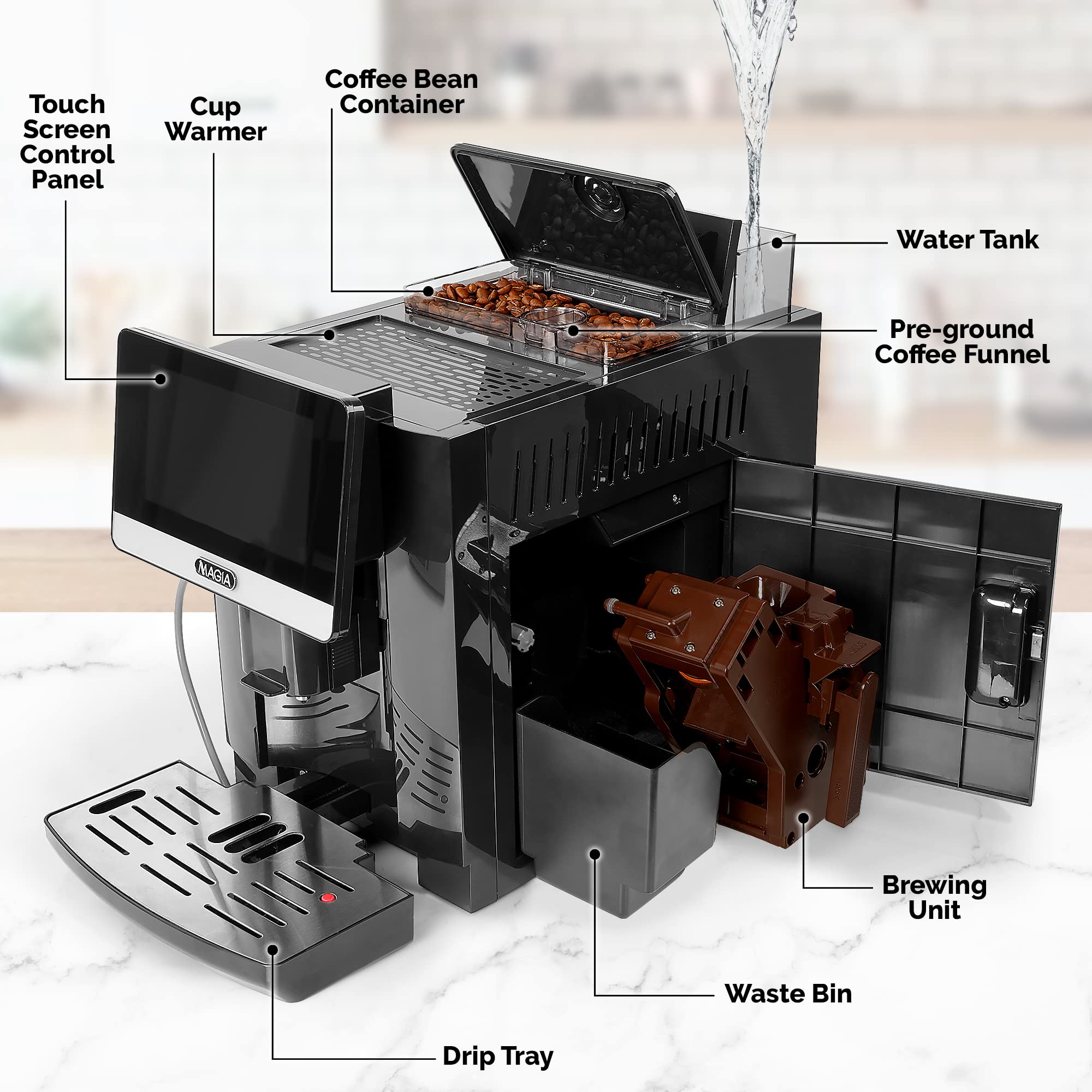 Zulay Magia Fully Automatic Espresso Machine with Built-in Grinder - 19 Customizable Coffee Settings - Self-Cleaning System - Milk Frother for Latte, Cappuccino & Macchiato - Silver | Perfect for Home Baristas & Coffee Shops