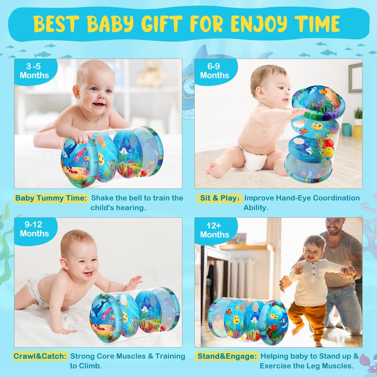 Inflatable Tummy Time Toys for Babies 6-12 Months - Sensory Rolling Crawling Developmental Toys for Infant Toddlers - Perfect Baby Shower Gift & Early Learning Activity Toy for Boys & Girls - Great for Playtime, Daycare & Motor Skill Development
