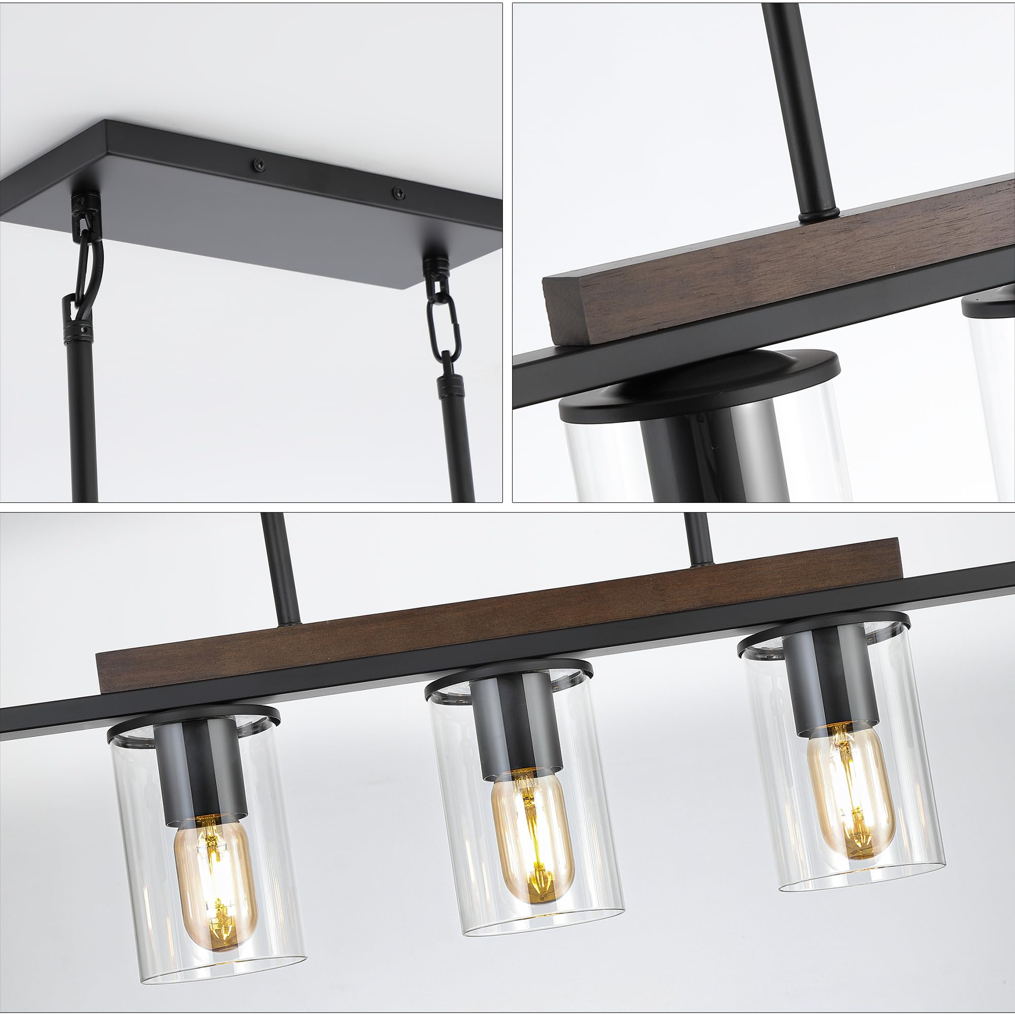 Farmhouse Style Black Wood Linear Chandelier - 5-Light Pendant Lighting for Dining Room & Kitchen Island | Perfect for Rustic Home Decor & Modern Farmhouse Interiors