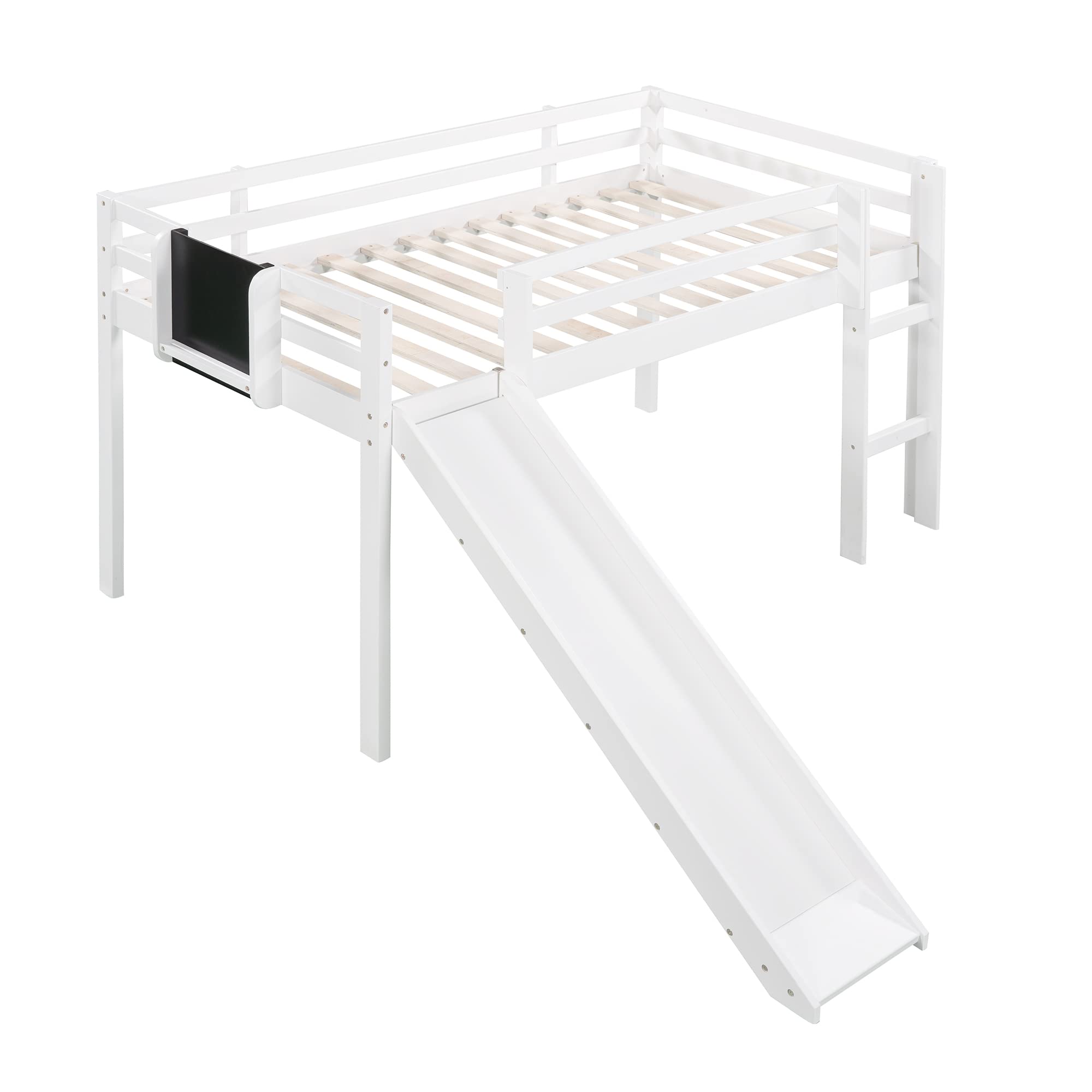 Bellemave Kids Wood Loft Bed with Slide - Twin Size Low Loft Bed for Boys & Girls - White Chalkboard Loft Bed - Perfect for Small Bedrooms, Playrooms & Kids' Sleepovers