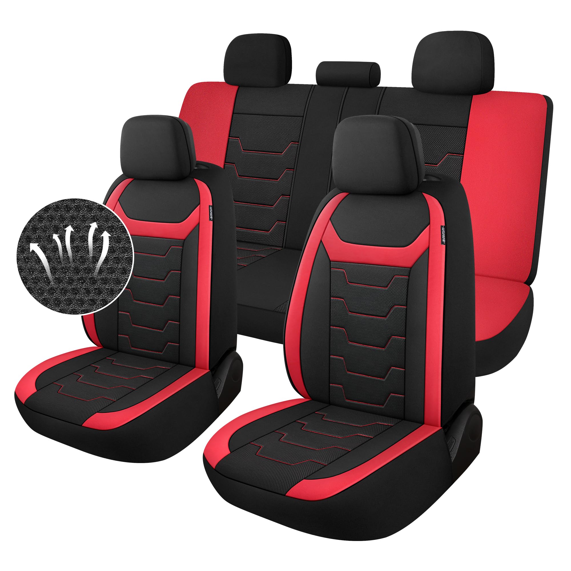 Breathable 3D Air Mesh Car Seat Covers Full Set - Universal Fit for Most Sedans, Trucks & SUVs | Split Bench Design | Premium Car Interior Protection (Black/Red) | Perfect for Daily Commute, Road Trips & Family Travel