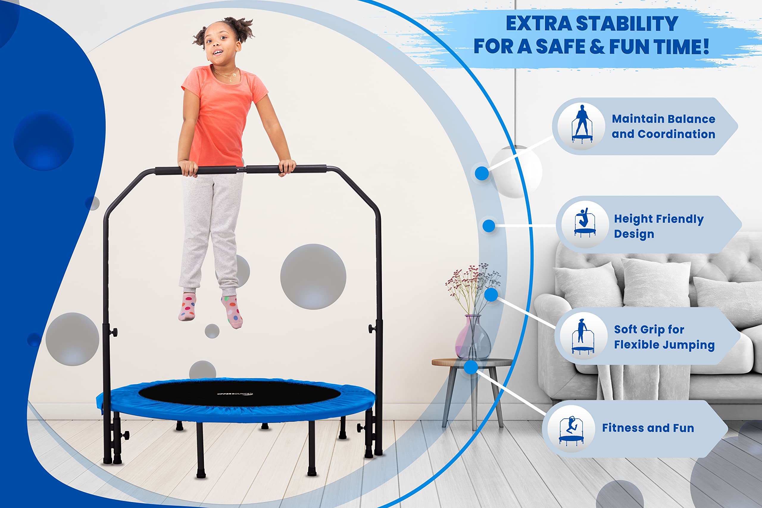 Upper Bounce Mini Trampoline for Adults & Kids - Foldable Rebounder for Indoor/Outdoor Fitness Exercise with Adjustable Bar & Safety Pad - Perfect for Home Workouts, Backyard Fun & Physical Therapy