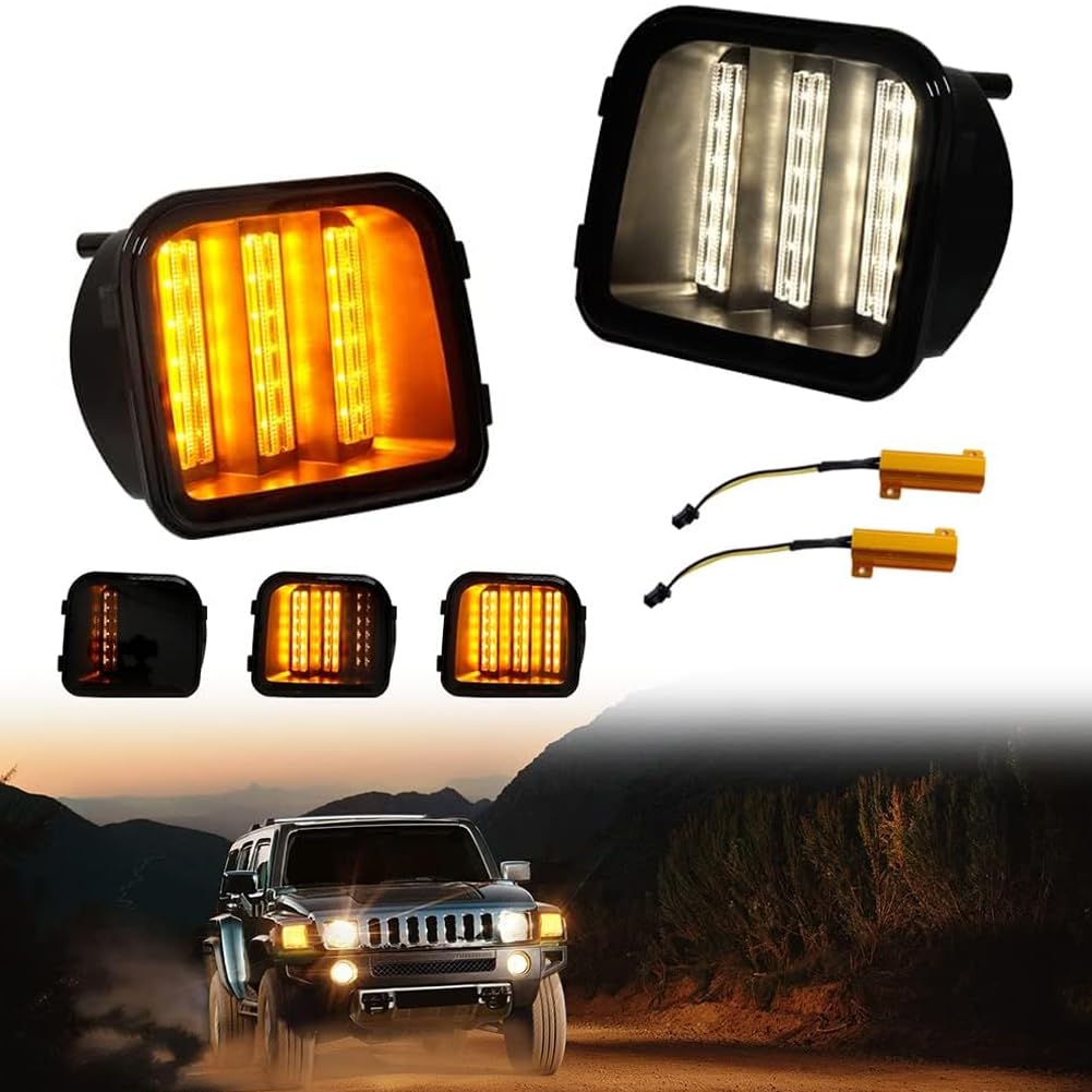 Smoked Lens Switchback White/Amber Sequential LED Turn Signal Lights - Compatible with 2006-2010 Hummer H3 & H3T - Front Bumper Corner Side Marker Parking Lights - Upgrade Your Ride for Enhanced Visibility & Style