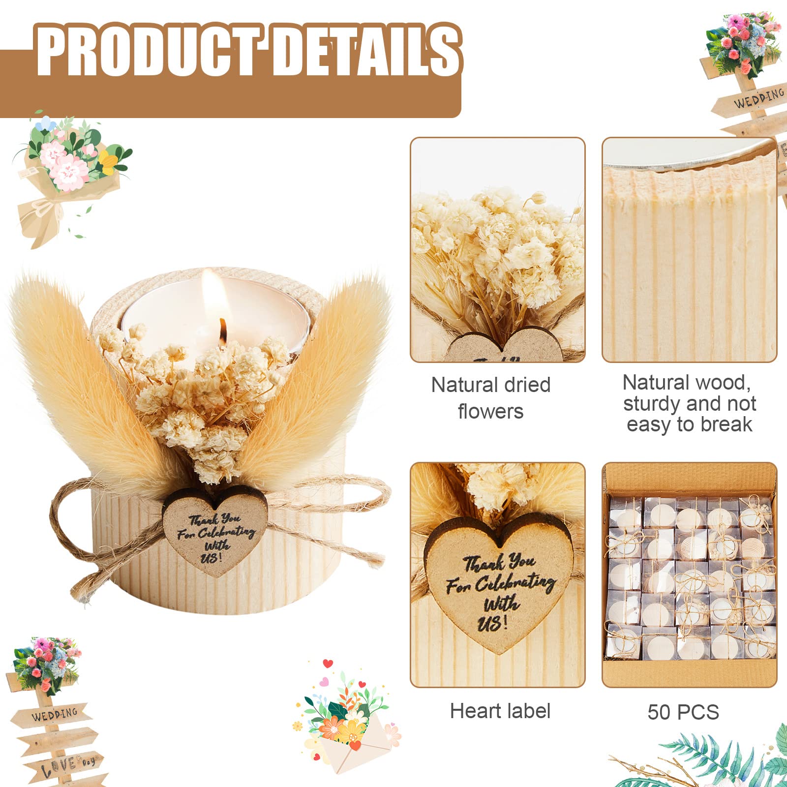 50 Pcs Rustic Wooden Candle Holders - Wedding Party Favors, Bridal Shower Gifts, Romantic Souvenirs for Guests - Perfect for Rustic Weddings, Anniversary Decor & Home Centerpieces (Light Brown)