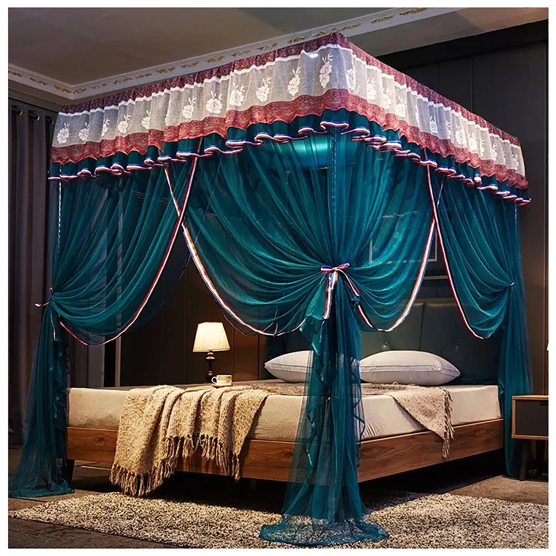 Stainless Steel Bed Canopy Frame with 4 Corner Posts - King Size Bed Curtain Canopy for Adults (Blue) | Bedroom Decor, Romantic Sleeping Space, Privacy Netting for Master Bedroom