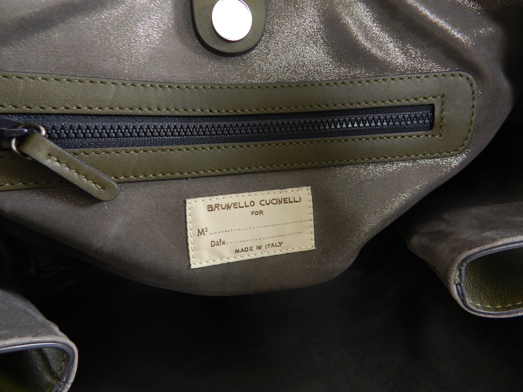 Brunello Cucinelli Olive Green Large Tote Bag with Beaded Detail - Stylish & Spacious Women's Leather Handbag for Work, Travel & Everyday Use