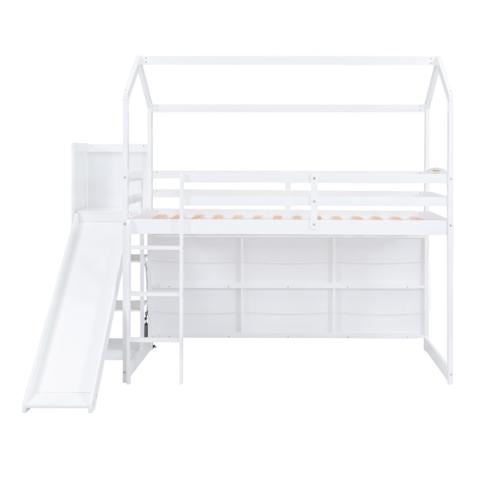 Harper & Bright Designs White Wood Twin House Loft Bed with Slide, Storage Shelves & Light - Kids Bedroom Furniture for Play, Study & Sleep | Perfect for Small Spaces & Siblings Sharing Rooms