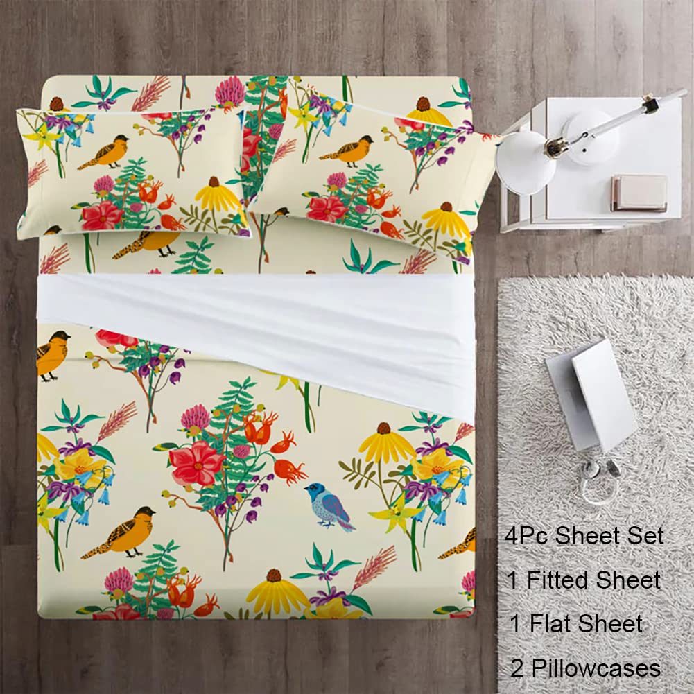 Floral Queen Bed Sheets Set - Cream Botanical Branches & Birds Pattern, 4-Piece Deep Pocket Sheets with 2 Pillowcases, Ultra Soft Cotton for Cozy Bedroom Decor | Perfect for Master Bedroom, Guest Room & Dorm