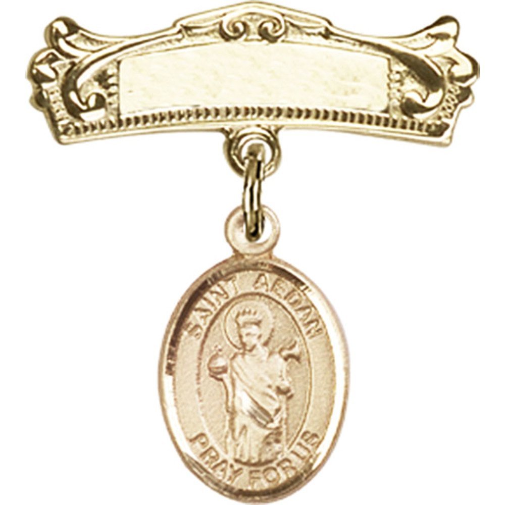 Gold Filled Baby Badge with St. Aedan of Ferns Charm - Arched Polished Pin (7/8