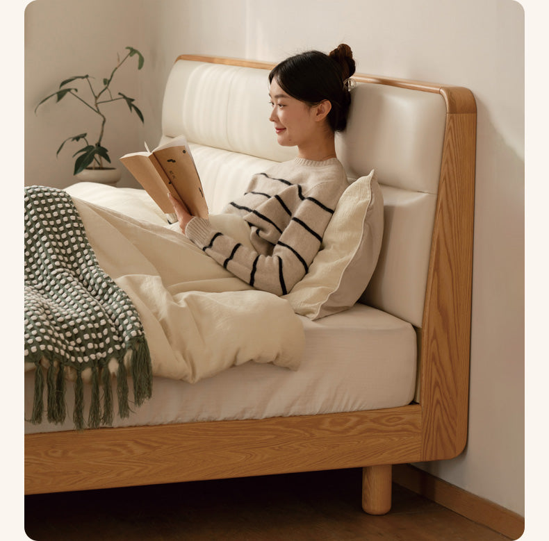 Solid Oak Wood Genuine Leather Upholstered Soft Bed - Perfect for Master Bedroom, Guest Room & Cozy Home Decor