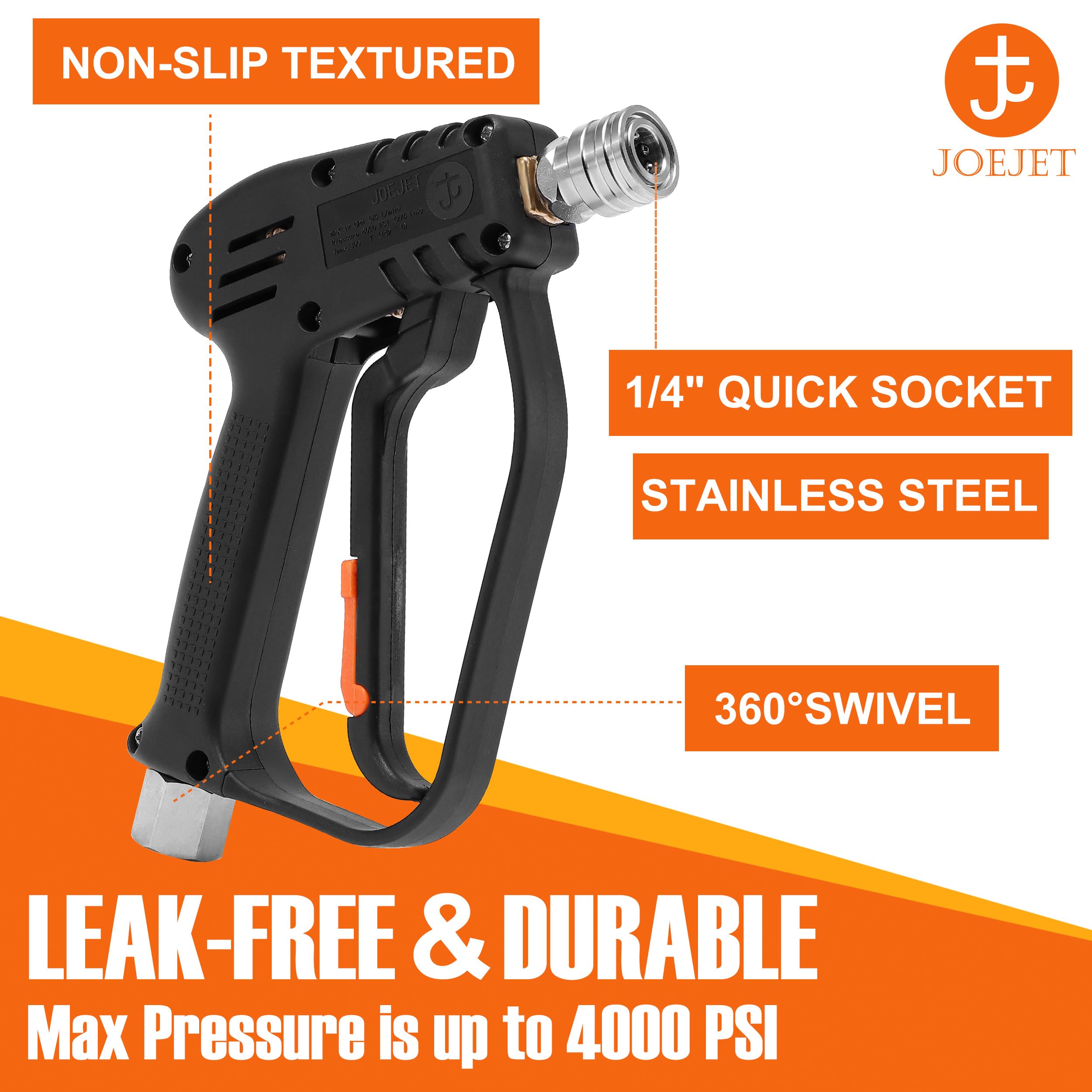 JOEJET Pressure Washer Gun with Swivel - M22 to 3/8'' Quick Connect Adapter Set for Pressure Washer Hose | Heavy Duty Cleaning for Driveways, Decks & Outdoor Surfaces