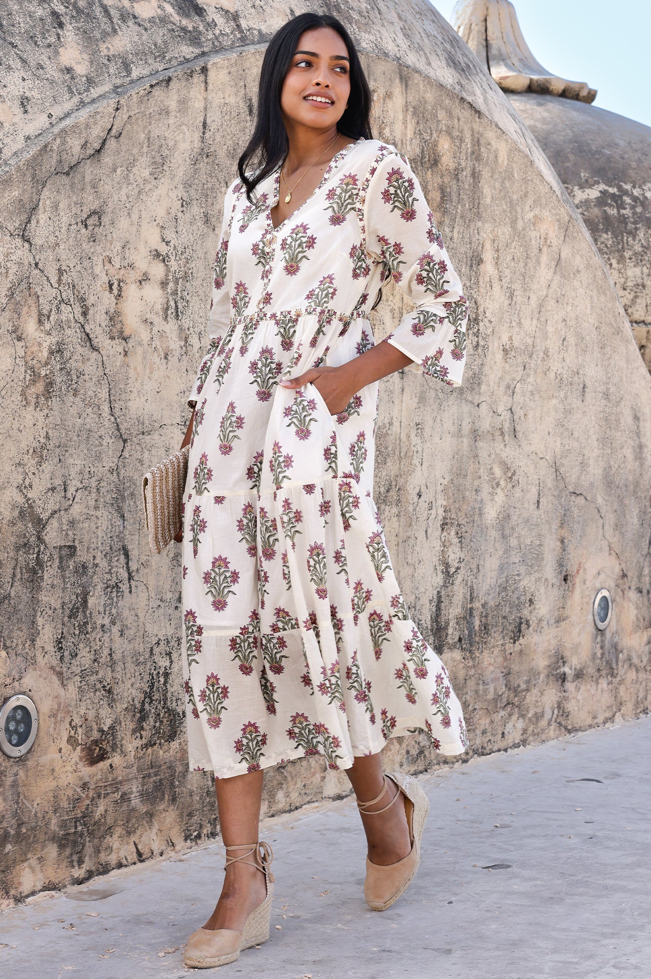 Hayden Organic Cotton Block Print Dress - Antique Wildflower Pattern in Cream, Red & Green | Boho Chic Summer Dress for Beach, Vacation & Casual Wear