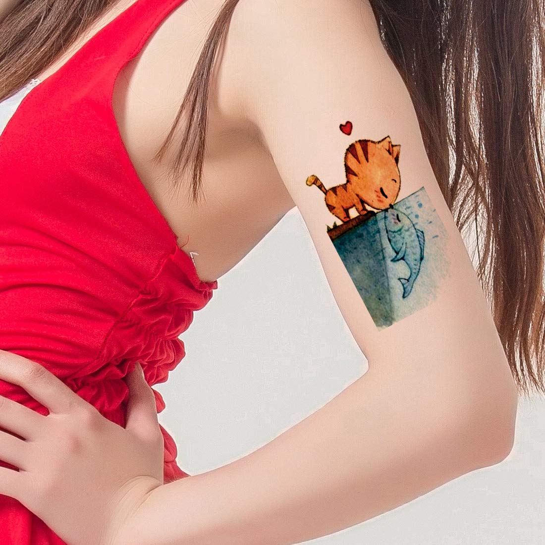 Voorkoms® Waterproof Temporary Tattoos for Men & Women - Cat, Kiss & Fish Designs - Long Lasting Body Art for Parties, Beach & Festivals