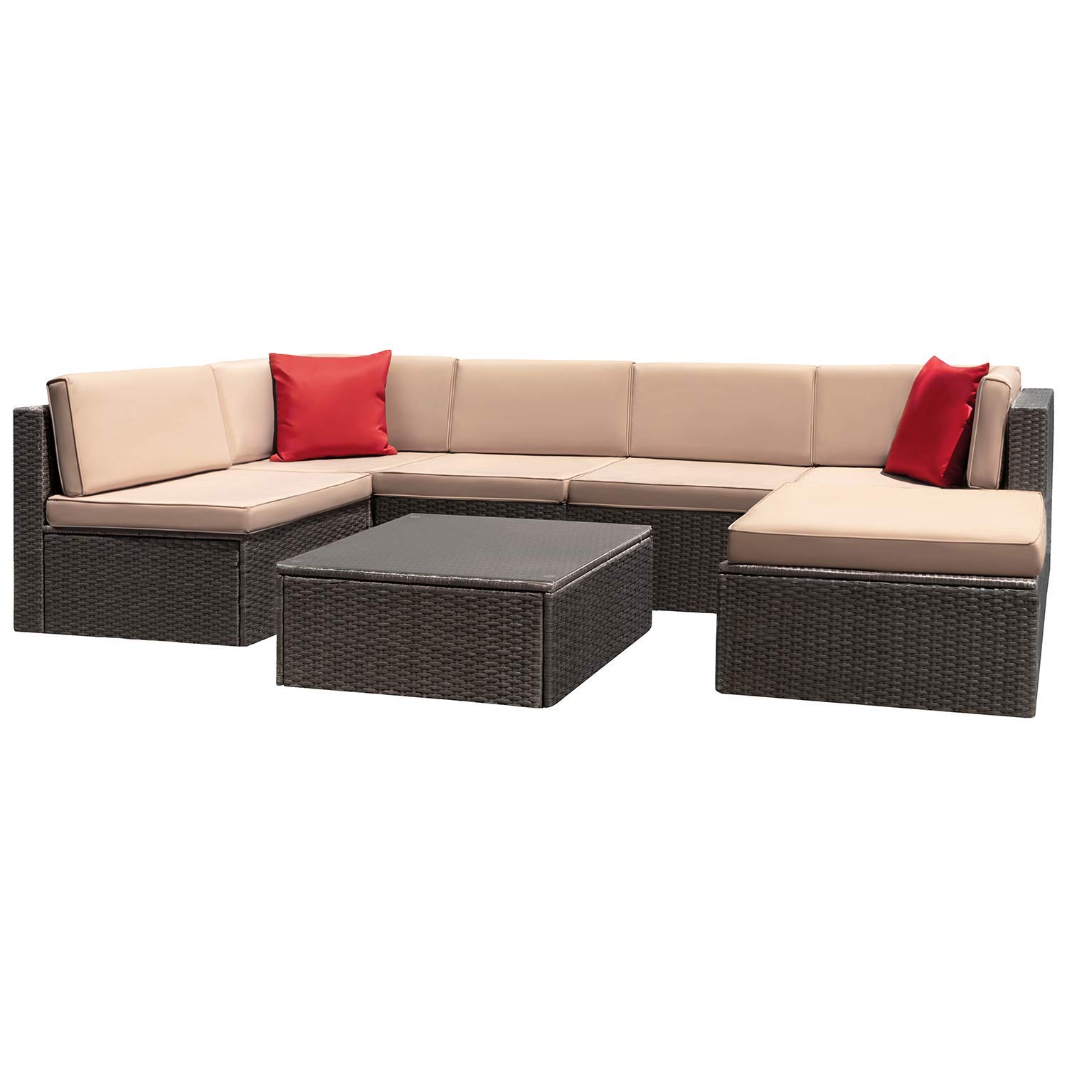 Devoko 7-Piece All-Weather Outdoor Patio Furniture Set - Wicker Rattan Sectional Sofa with Cushions & Glass Coffee Table, Beige - Perfect for Backyard, Garden, Poolside & Patio Relaxation