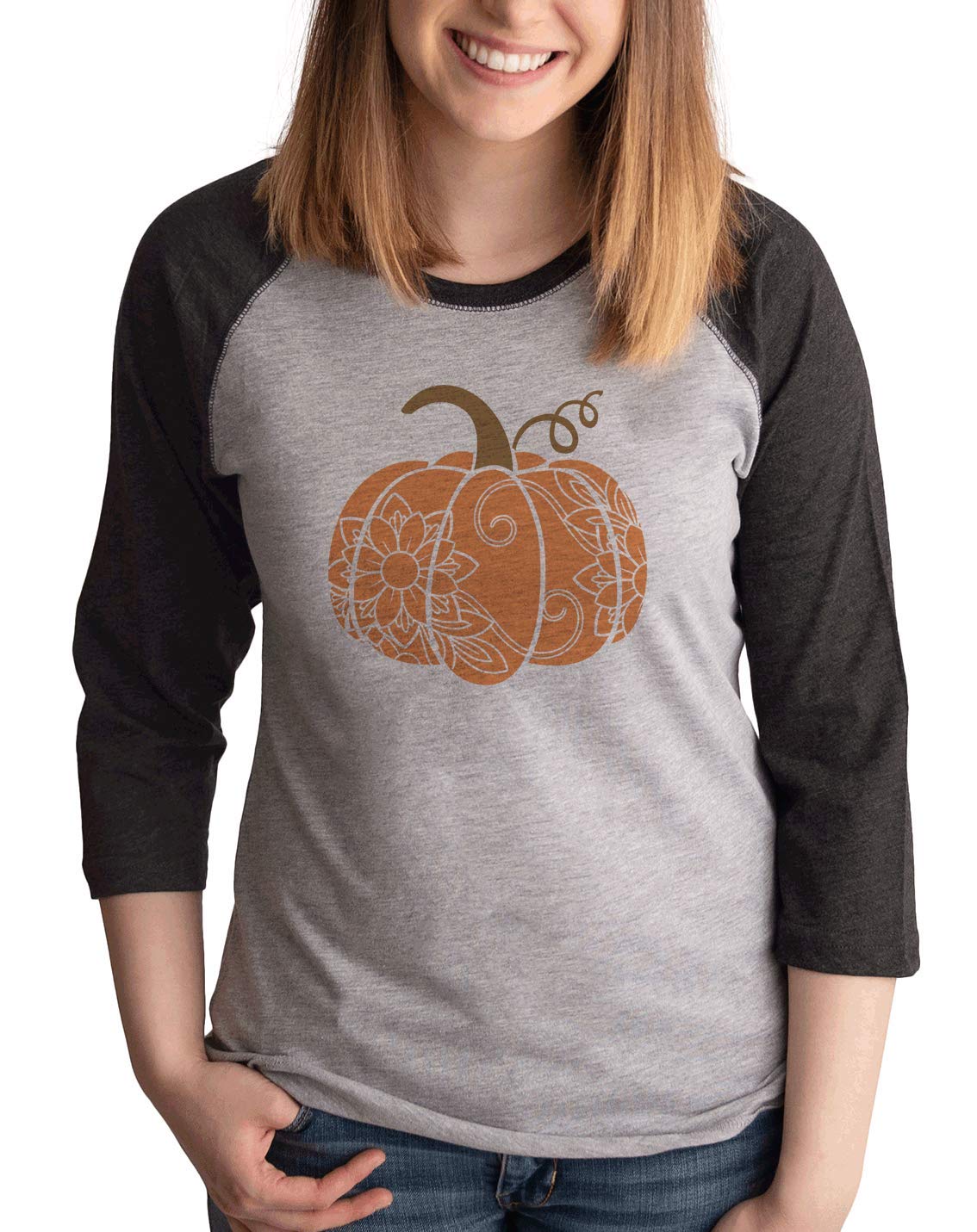 7 ate 9 Apparel Women's Fall Pumpkin Print Blouse - Cute Autumn Long Sleeve Tops for Thanksgiving, Halloween & Cozy Seasonal Outfits
